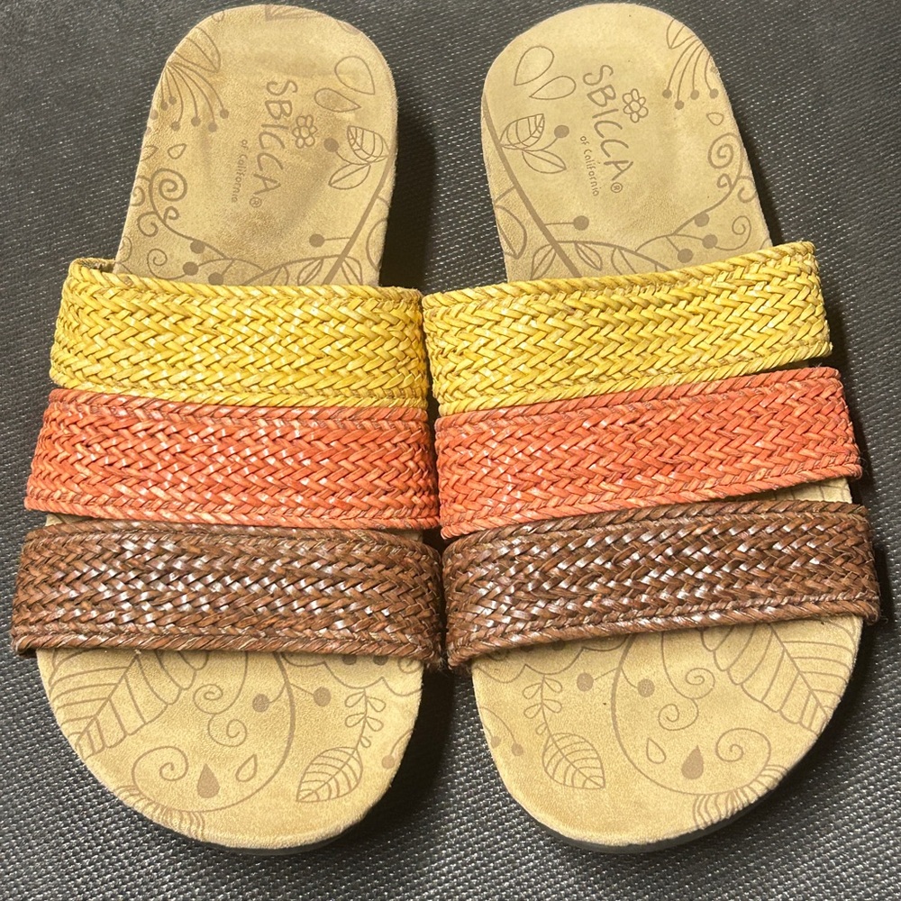 Sbicca Tan,Brown,Coral and Yellow Braided 3 Strap Sandals Size 6.5